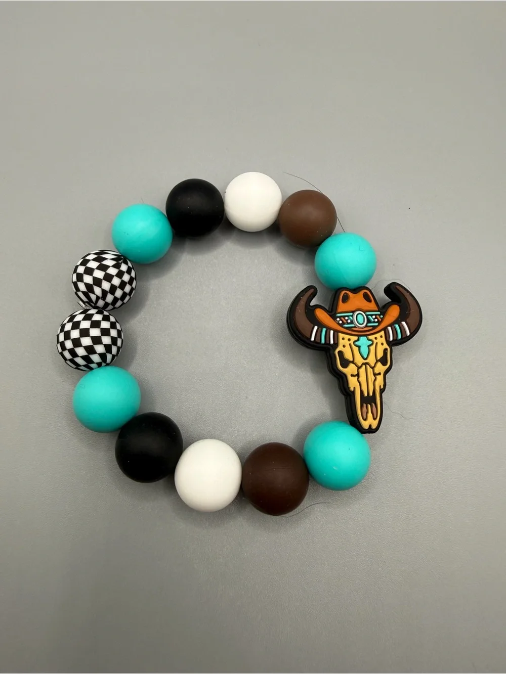 Turquoise, Black & White Beaded Silicone Key Bracelet - Handmade #K0323C